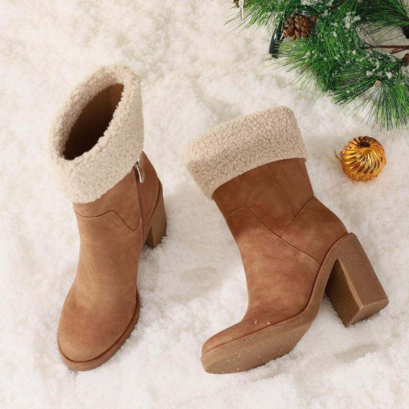 Winter Boots for Women Comfortable Side Zipper Mid Chunky Heel Suede Warm Fur Snow Ankle Boot Outdoor Party Shoes - Image 7