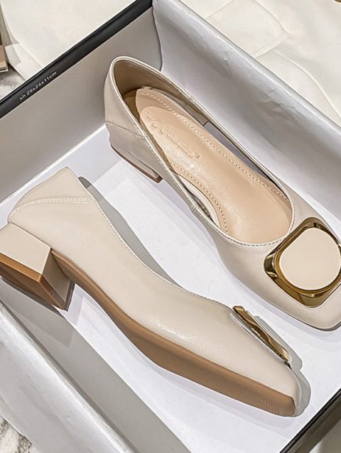 Genuine Leather Shoes Woman Brand Metal Buckle Pumps Office Ladies Dress Thick Low Heels Mary Janes Women Big Size 42/43 Tacones