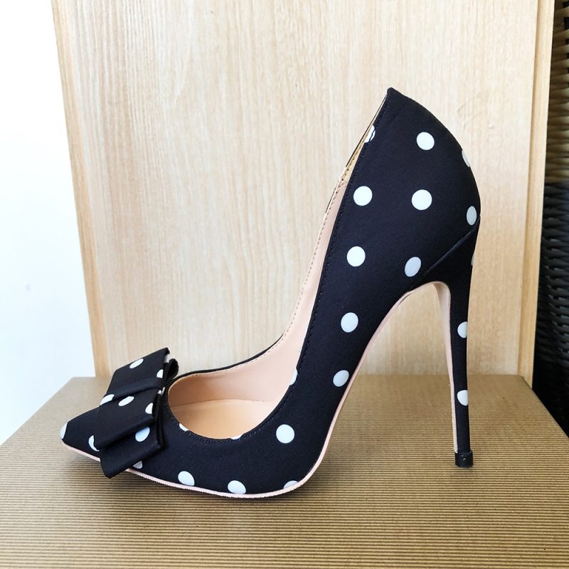Tikicup Polka Dot Women Black Satin Stiletto High Heels with Bowknot Chic Ladies Designer Dress Shoes Pointed Toe Silk Pumps - Image 2