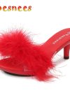 Solid Color Feather Fairy Slippers Summer Transparent Sandals Thin High Heels Sexy Fur Crystal 6cm Low Heel Derss Women Shoes