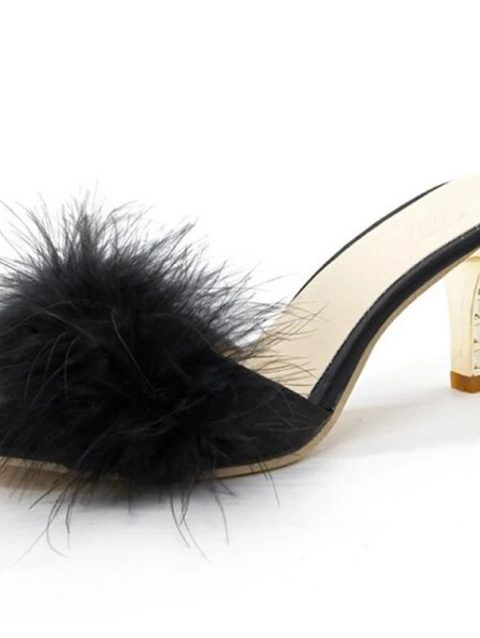2023 Summer Shoes Women Feather Thin High Heeled Fur Slippers Bare Toes Mule Pump Slide Shoes Large Size Slide Flip-flops
