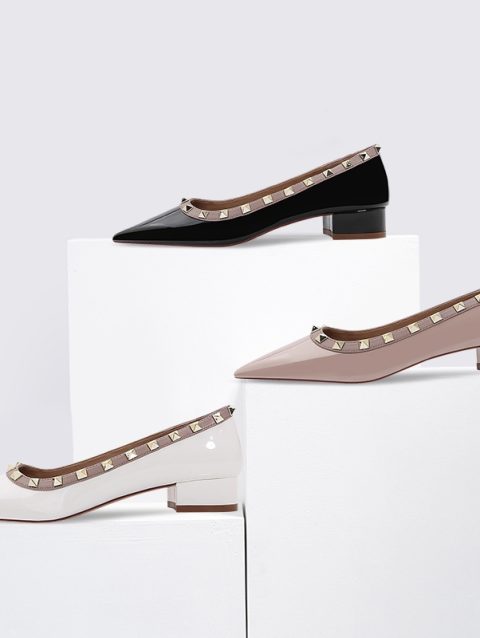 2022 New Summer Studded Block Heels 3CM Professional Work Nterview Formal Patent Leather Women's Shoes