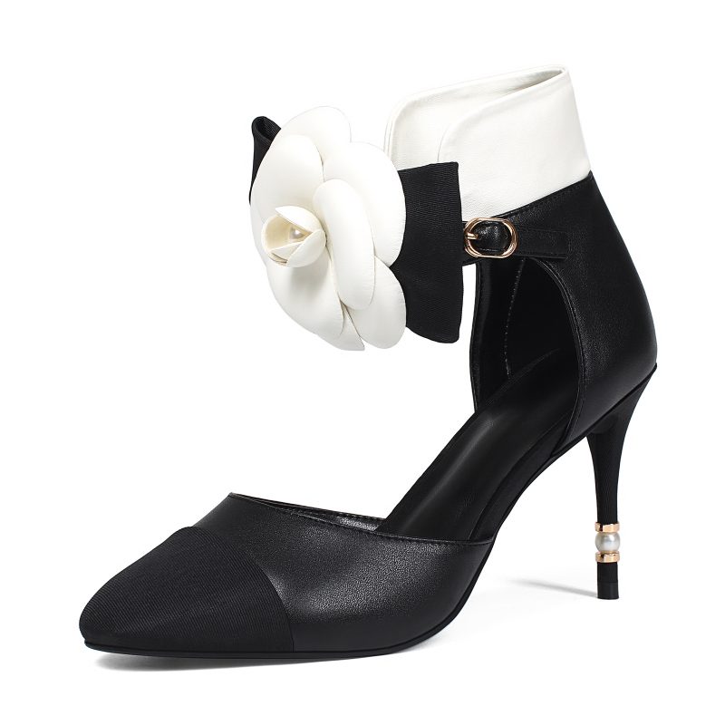 2024 New European and American Small Fragrant Camellia Bow Pearl Heel Hollow Colored Sandals Women's Sexy Walking Shoes - Image 7