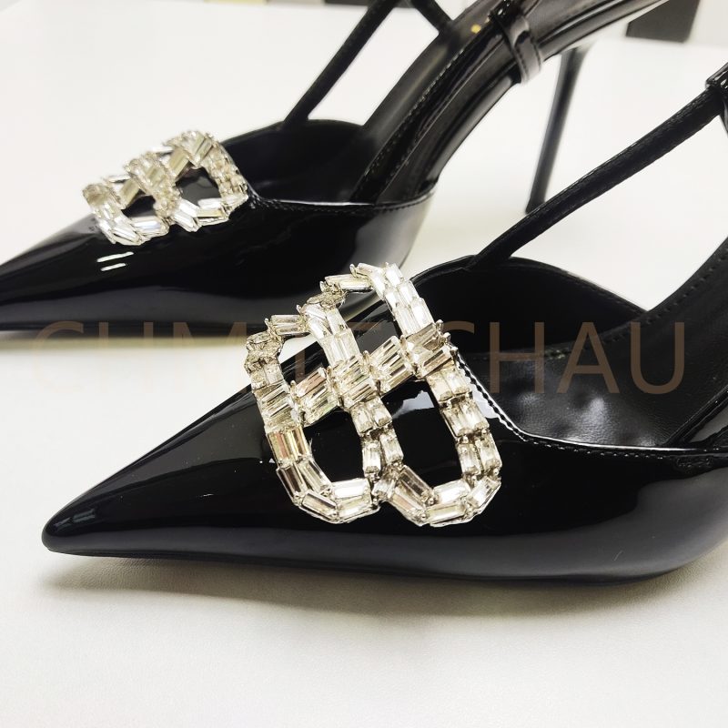 Measure your feet length before orderCrystal Buckle Luxury Designer Women Sandals High Heel Back Strap Evening Shoes 17-CHC-33 - Image 5