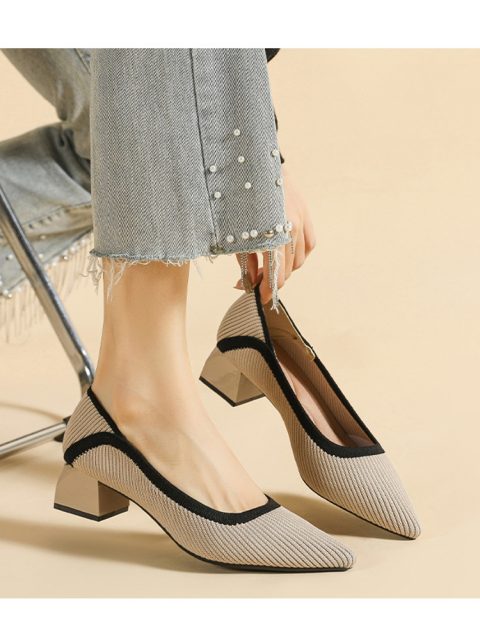 Single Shoes Women Knitting Pointed Toe Low Heel Shoes Simple Solid Color Spring Autumn Casual Shoes Square Heel Splicing