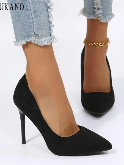 Fashion Point Toe Solid Flock Stiletto High Heels 10Cm/7Cm Sexy Women Pumps Elegant Ladies Office Work Shoes Small Size 33
