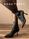 BEAUTODAY High Heel Modern Boots Women Fabric Pointed Toe Black Color 2023 Spring Retro Elegant Ladies Shoes Handmade 03925
