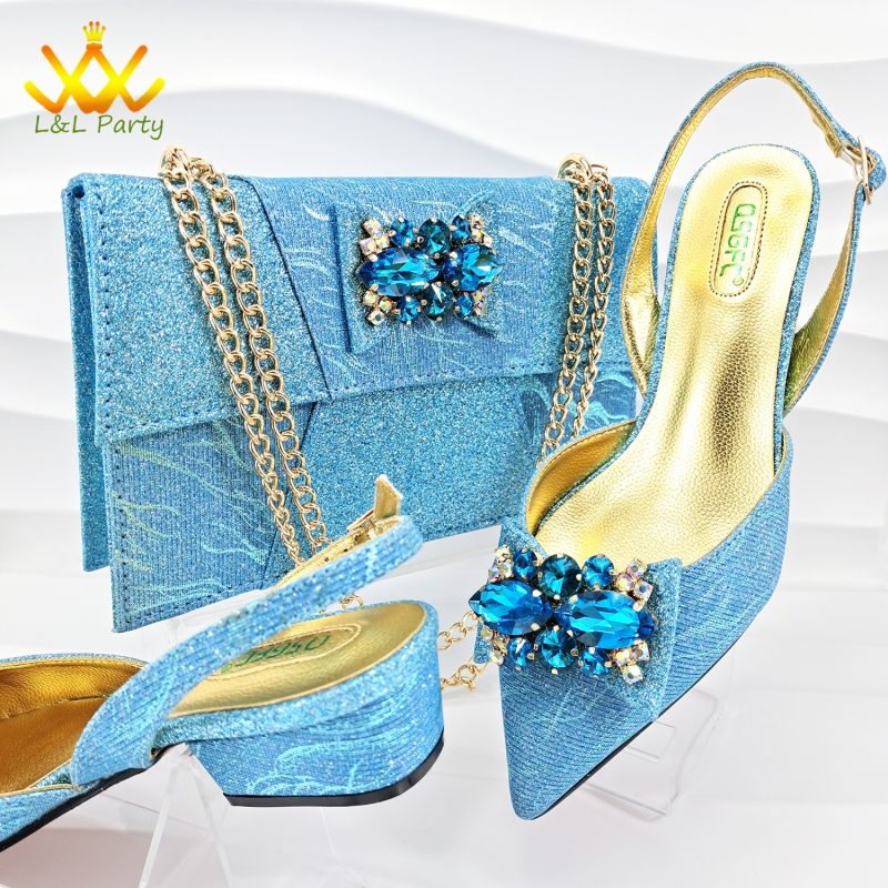 Spring New Arrivals 2024 Italian Design Shoes and Bag Set in Sky Blue Color Pointed Toe Comfortable Heels for Party