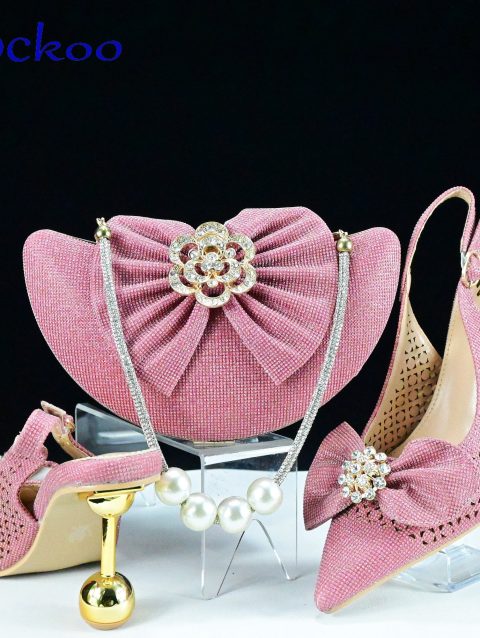 2024 Super High Heels New Arrivals Italian Women Shoes and Bag Set in Pink Color Pointed Toe with Appliques For Dress