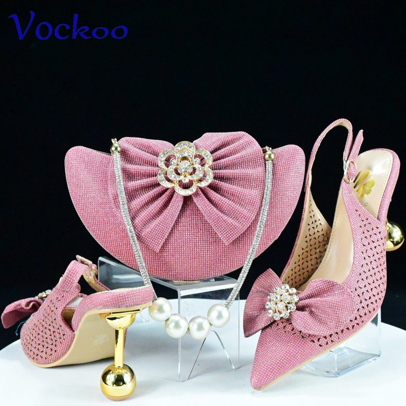 2024 Super High Heels New Arrivals Italian Women Shoes and Bag Set in Pink Color Pointed Toe with Appliques For Dress