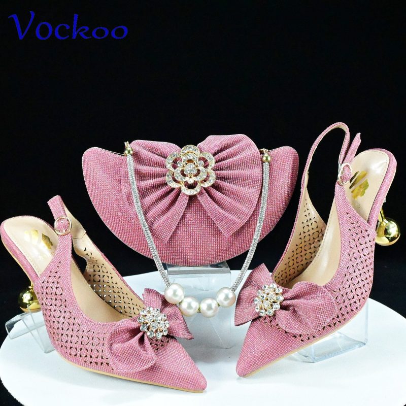 2024 Super High Heels New Arrivals Italian Women Shoes and Bag Set in Pink Color Pointed Toe with Appliques For Dress - Image 2