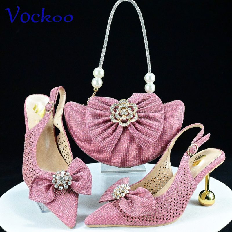 2024 Super High Heels New Arrivals Italian Women Shoes and Bag Set in Pink Color Pointed Toe with Appliques For Dress - Image 3