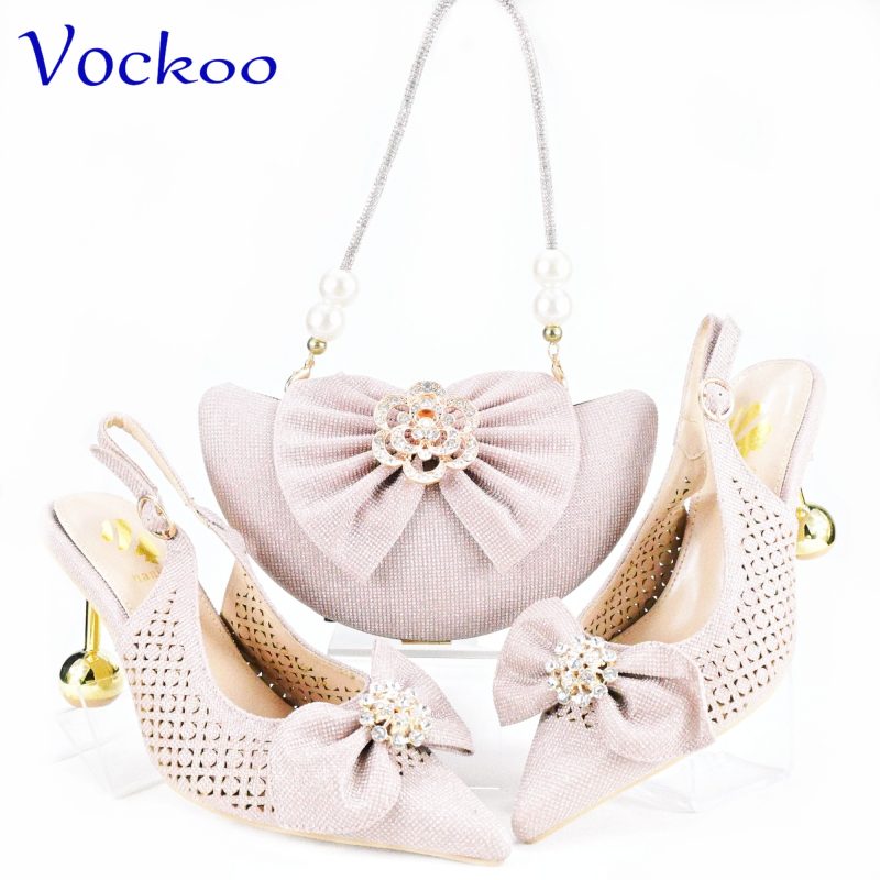 2024 Super High Heels New Arrivals Italian Women Shoes and Bag Set in Pink Color Pointed Toe with Appliques For Dress - Image 7