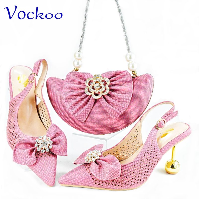 2024 Super High Heels New Arrivals Italian Women Shoes and Bag Set in Pink Color Pointed Toe with Appliques For Dress - Image 8