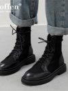 Taoffen 2024 Fashion Genuine Leather Women Boots Soft Leather Thick Bottom Lace Up Splicing Boots Flat Black Motorcycle Shoes