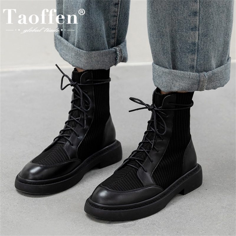 Taoffen 2024 Fashion Genuine Leather Women Boots Soft Leather Thick Bottom Lace Up Splicing Boots Flat Black Motorcycle Shoes
