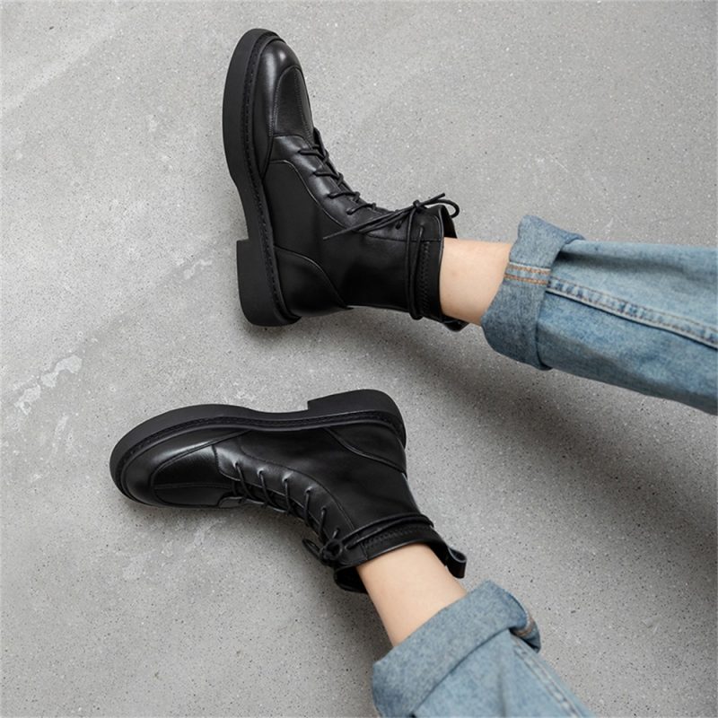 Taoffen 2024 Fashion Genuine Leather Women Boots Soft Leather Thick Bottom Lace Up Splicing Boots Flat Black Motorcycle Shoes - Image 2