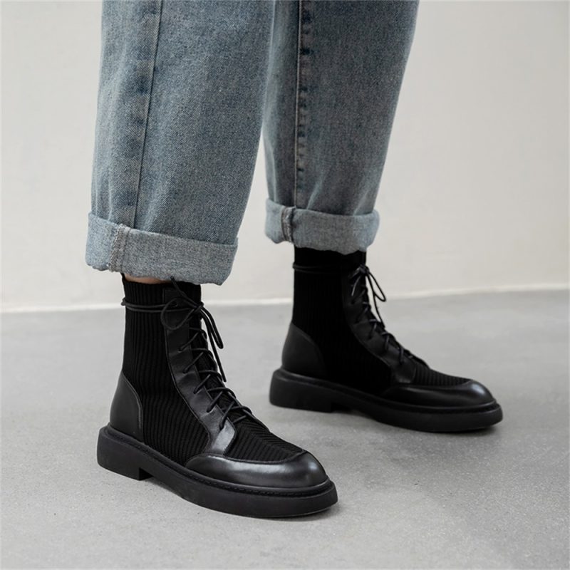Taoffen 2024 Fashion Genuine Leather Women Boots Soft Leather Thick Bottom Lace Up Splicing Boots Flat Black Motorcycle Shoes - Image 3