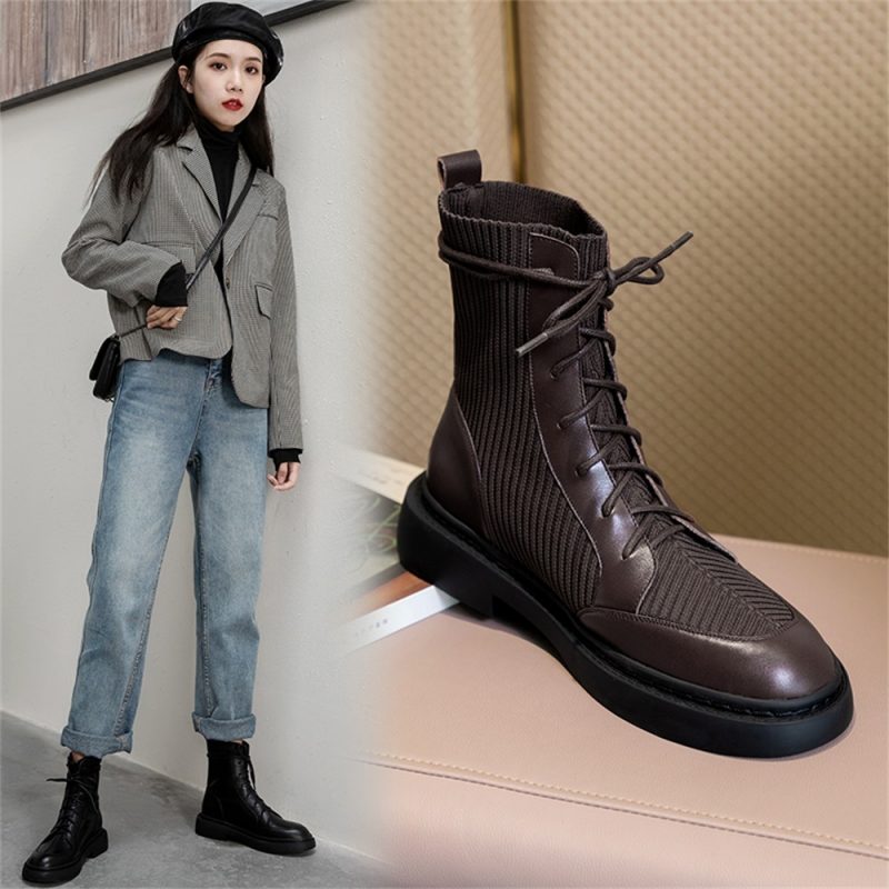 Taoffen 2024 Fashion Genuine Leather Women Boots Soft Leather Thick Bottom Lace Up Splicing Boots Flat Black Motorcycle Shoes - Image 4