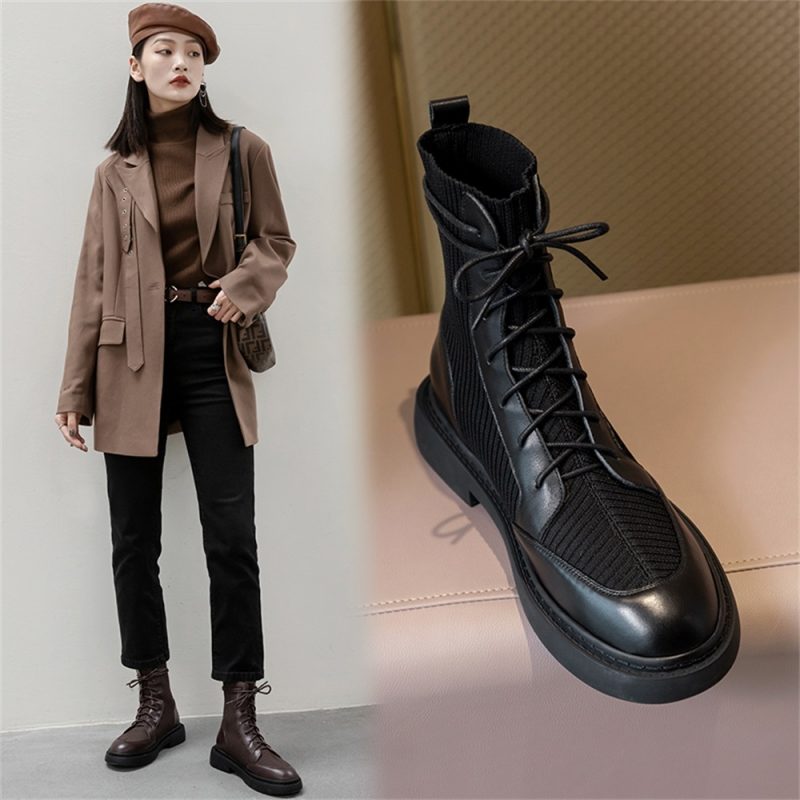 Taoffen 2024 Fashion Genuine Leather Women Boots Soft Leather Thick Bottom Lace Up Splicing Boots Flat Black Motorcycle Shoes - Image 5