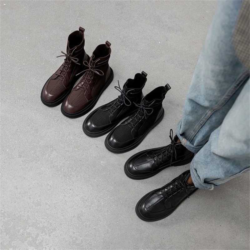 Taoffen 2024 Fashion Genuine Leather Women Boots Soft Leather Thick Bottom Lace Up Splicing Boots Flat Black Motorcycle Shoes - Image 6