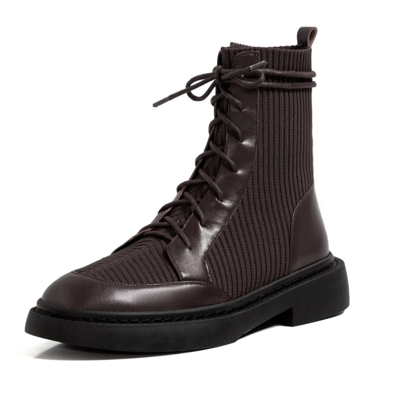Taoffen 2024 Fashion Genuine Leather Women Boots Soft Leather Thick Bottom Lace Up Splicing Boots Flat Black Motorcycle Shoes - Image 7
