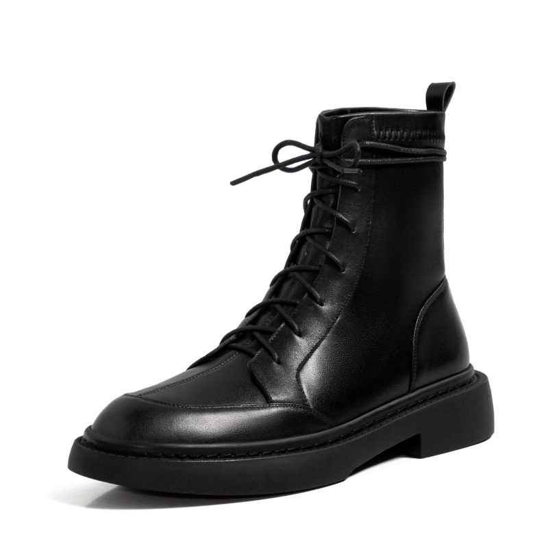 Taoffen 2024 Fashion Genuine Leather Women Boots Soft Leather Thick Bottom Lace Up Splicing Boots Flat Black Motorcycle Shoes - Image 8