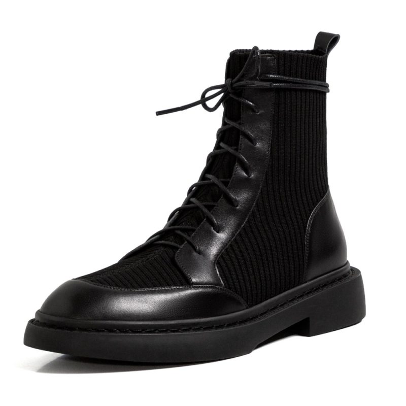 Taoffen 2024 Fashion Genuine Leather Women Boots Soft Leather Thick Bottom Lace Up Splicing Boots Flat Black Motorcycle Shoes - Image 9