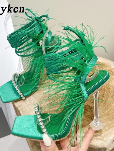 Eilyken Summer Sexy Crystal Feather Women Sandals Fashion Cross-Tied Lace-up High Heel Party Dress Ladies Shoes