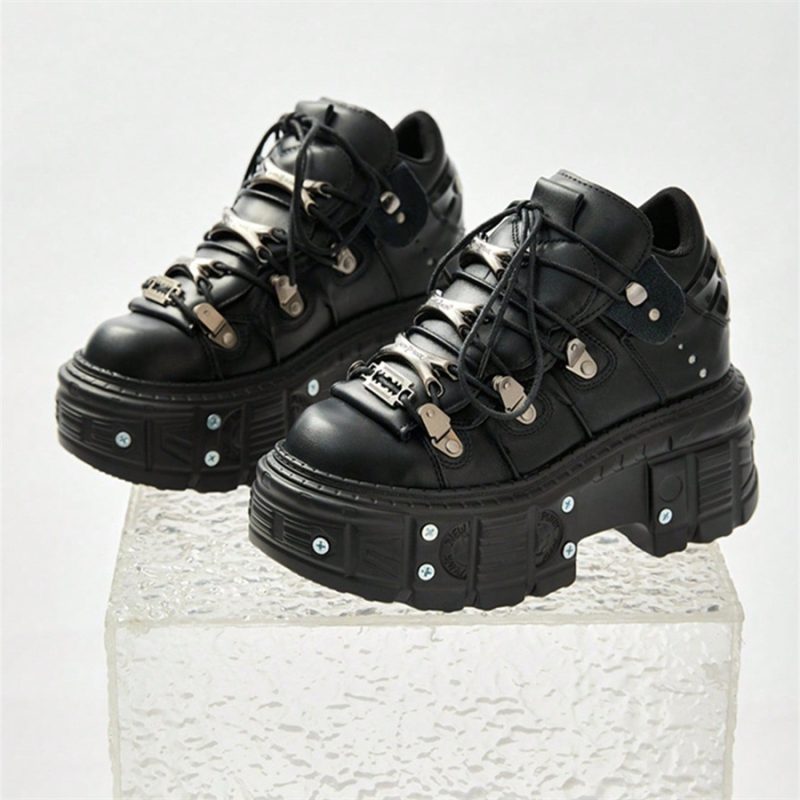 Punk Style Women Black Shoes Rock Metal Decor Lace-up Heel Height Platform Shoes Gothic Man Sneakers Women Ankle Boots 2025 New - Image 2