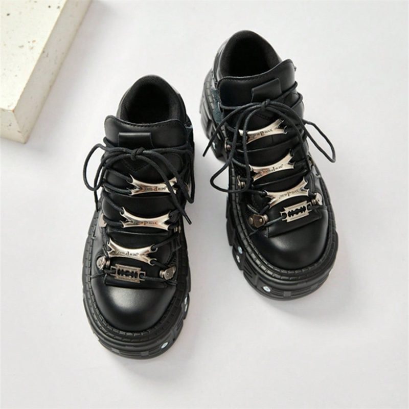 Punk Style Women Black Shoes Rock Metal Decor Lace-up Heel Height Platform Shoes Gothic Man Sneakers Women Ankle Boots 2025 New - Image 3