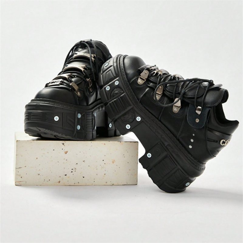 Punk Style Women Black Shoes Rock Metal Decor Lace-up Heel Height Platform Shoes Gothic Man Sneakers Women Ankle Boots 2025 New - Image 4