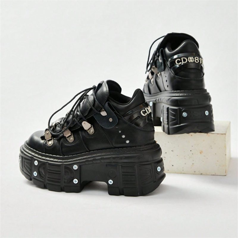 Punk Style Women Black Shoes Rock Metal Decor Lace-up Heel Height Platform Shoes Gothic Man Sneakers Women Ankle Boots 2025 New - Image 5