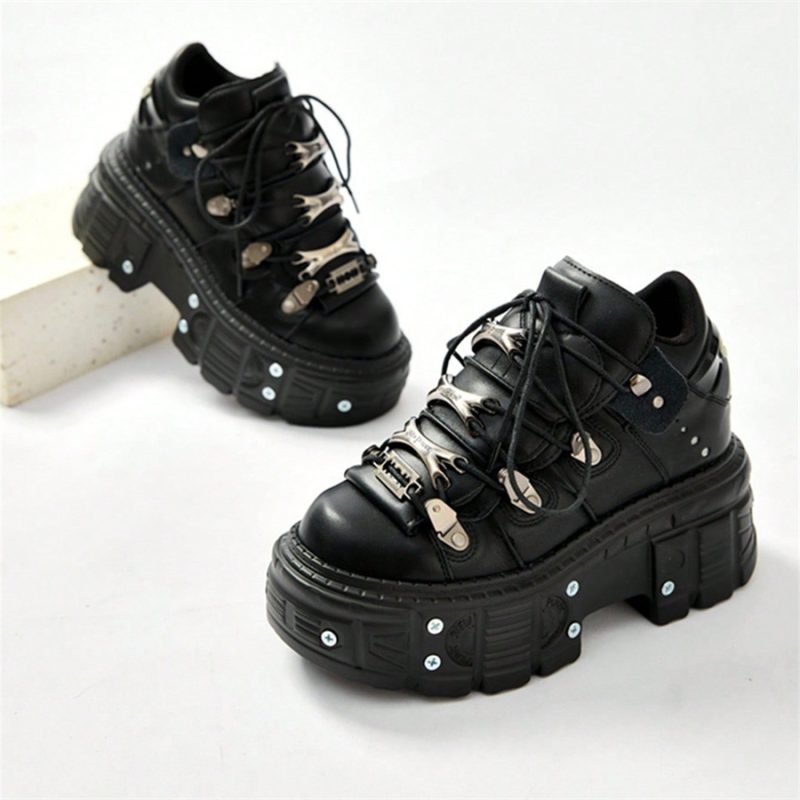 Punk Style Women Black Shoes Rock Metal Decor Lace-up Heel Height Platform Shoes Gothic Man Sneakers Women Ankle Boots 2025 New - Image 6