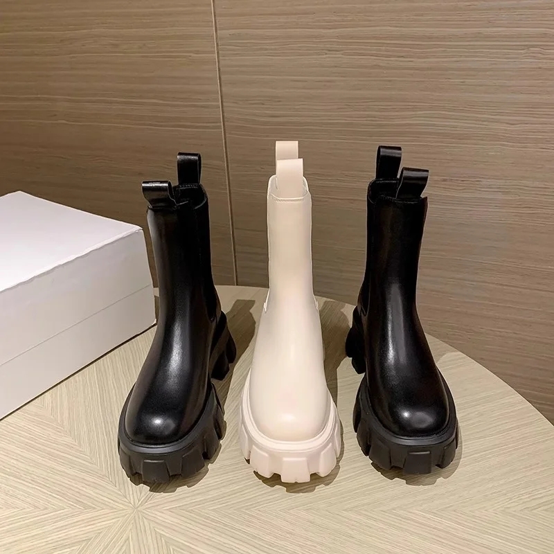 Black White Leather High Top Boots Women's British Style Mid Tube Thick Soled Female Chelsea Boots Slip On Elastic Short Boots