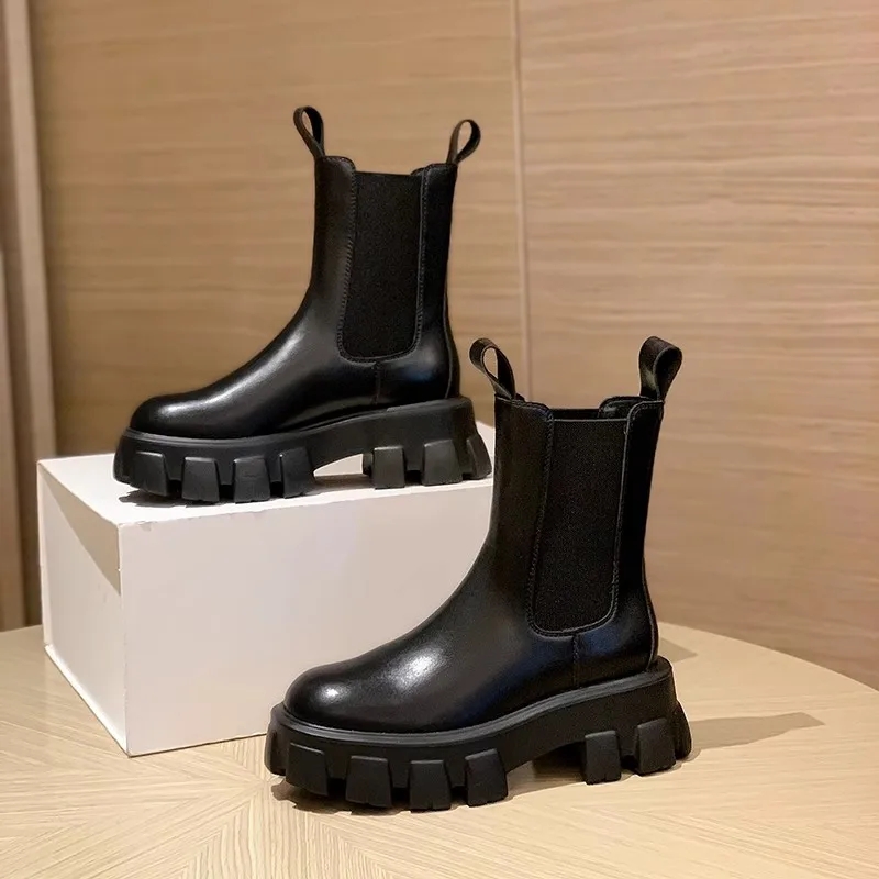 Black White Leather High Top Boots Women's British Style Mid Tube Thick Soled Female Chelsea Boots Slip On Elastic Short Boots - Image 2