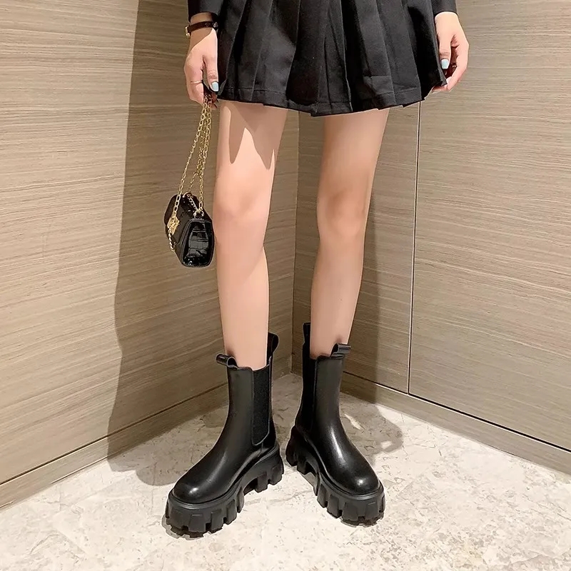 Black White Leather High Top Boots Women's British Style Mid Tube Thick Soled Female Chelsea Boots Slip On Elastic Short Boots - Image 3