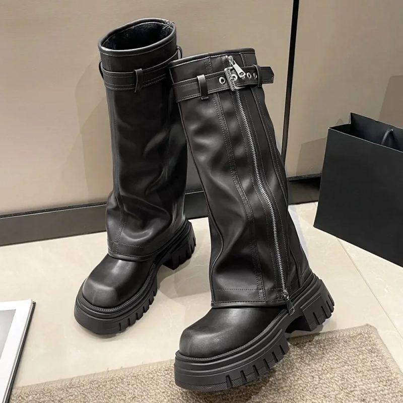 2024 Platform Black Knee High Women Boots Wasteland Y2k Style Vintage Biker Boot Women Brown Belt Buckle Booties Size 35-40