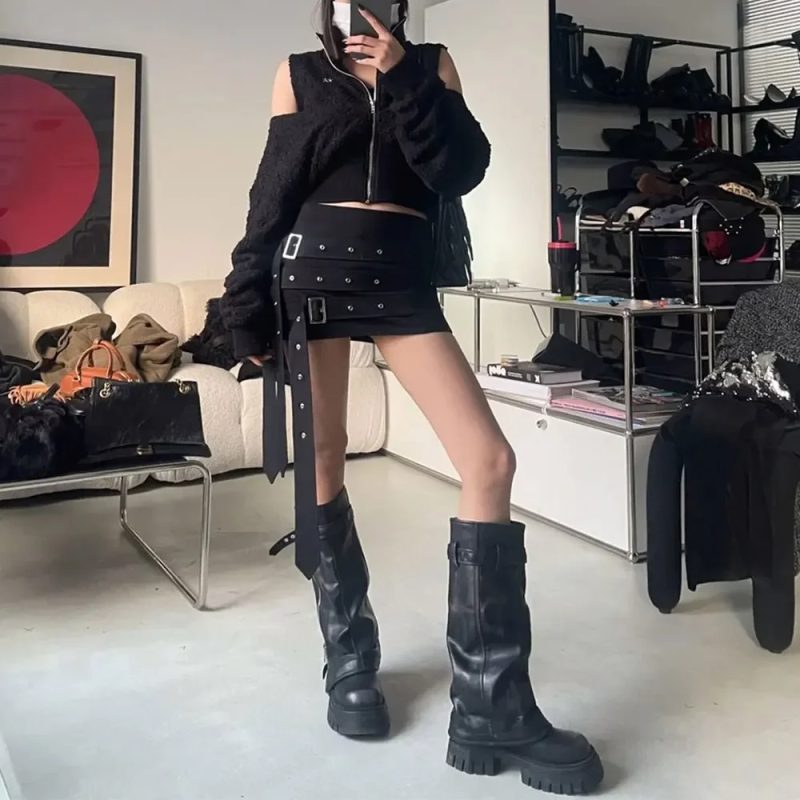 2024 Platform Black Knee High Women Boots Wasteland Y2k Style Vintage Biker Boot Women Brown Belt Buckle Booties Size 35-40 - Image 5