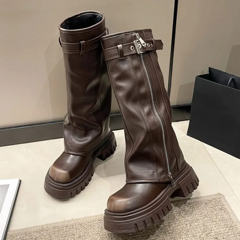 2024 Platform Black Knee High Women Boots Wasteland Y2k Style Vintage Biker Boot Women Brown Belt Buckle Booties Size 35-40 - Image 6