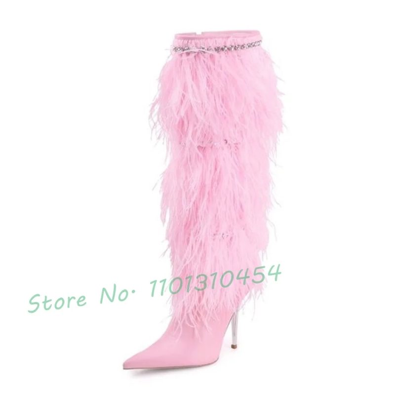 Knee-high Feather Heeled Boots With Jewel Chain Women New In Elegant Pink Long Boots Outfit Hot Winter Party Large Size Shoes - Image 2