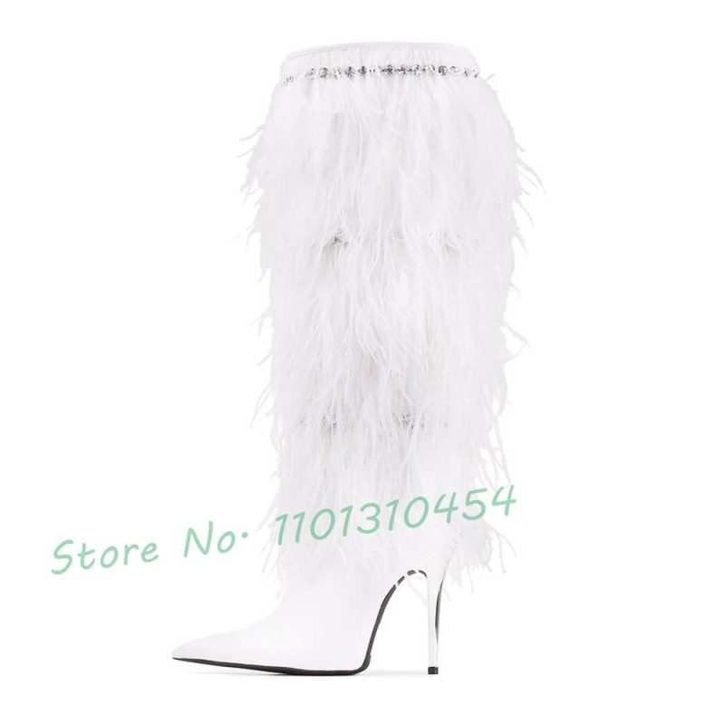 Knee-high Feather Heeled Boots With Jewel Chain Women New In Elegant Pink Long Boots Outfit Hot Winter Party Large Size Shoes - Image 3