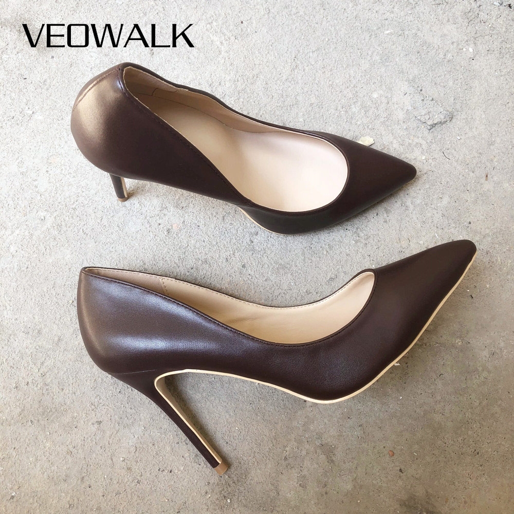 Veowalk Dark Brown Matte Women Stilettos High Heels Elegant OL Ladies Pointed Toe Pumps Italian Style Woman Slip on Dress Shoes - Image 3