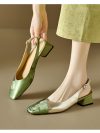 Retro Baotou Slingback Sandals for Women's Summer New Square Headed Colors Leather Pacthwork Buckle Strap Middle Thick Heel Shoe
