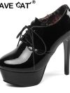 REAVE CAT Pumps Round Toe 13cm Thin high Heels Patent Leather Lace up Cross-tied Platforms 33-45 A2874