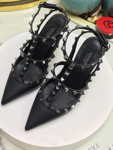 2024 Genuine Leather Rivet Fashion Classic High Heels Summer Black Slim High Heel Sandals Pointed Women's Party Wedding Pumps 41