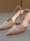 2025 Summer New Women's Sandals Water Diamond Bright Mesh High Heels Footwear Elegant Slingback Pointed Slip on Party Lady Shoes