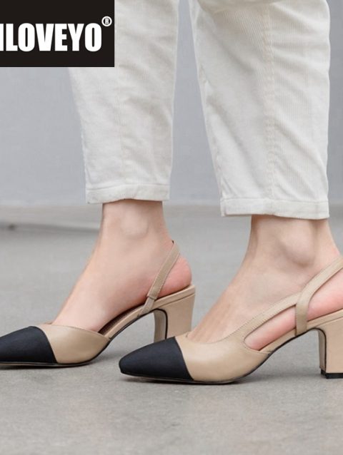 Big Size 45 Women Slingbacks Shoes High Heels Thick High Heel Leather Mixed Colors Pumps Ladies