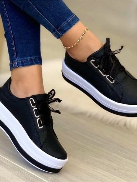 New 2024 Sports Shoes Woen Vulcanized Shoes OutdoorPlatformCasual Shoes FemaleLeather Fashion Sneakers WomanWedge Flats